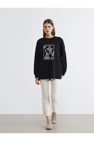 LC Waikiki Tunica de damă oversize, cu imprimeu negru, moale la atingere