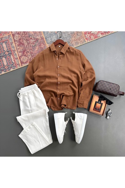 tiggir moda Men's Muslin Fabric Shirt and Pants 2-Piece Set