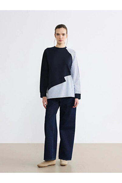 LC Waikiki Navy Blue Crew Neck Striped Women's Sweatshirt Tunic