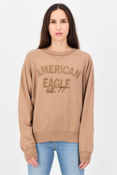 AMERICAN EAGLE Women Crew Neck Graphic Print Long Sleeves Sweatshirt, Brown