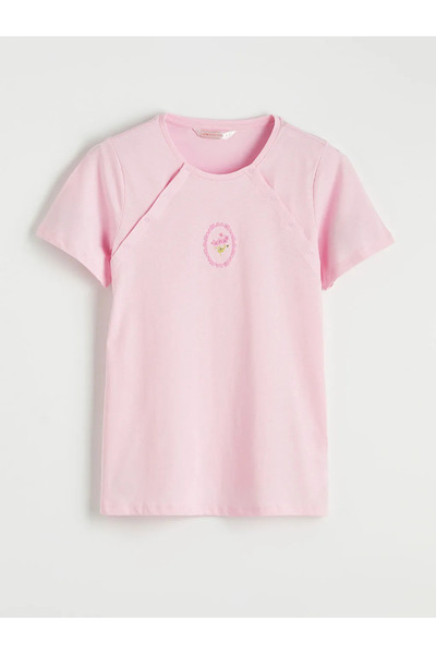 LC Waikiki Ροζ Σετ Πιτζάμες Εγκυμοσύνης με Στάμπα Crew Neck