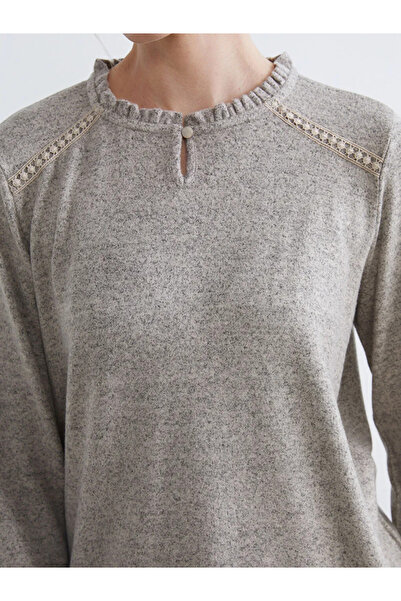 LC Waikiki Beige Ruffled Crew Neck Embroidered Blouse