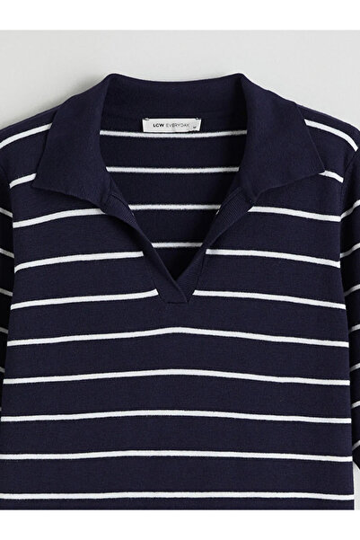 LC Waikiki Navy Blue Polo Neck Striped Women's Knitwear Sweater