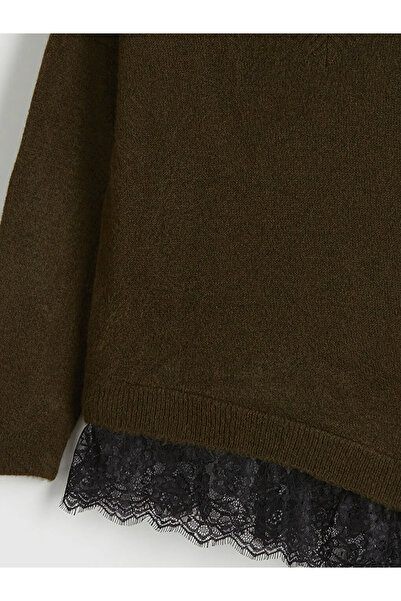 LC Waikiki Green V-Neck Lace Detailed Women's Knitwear Sweater