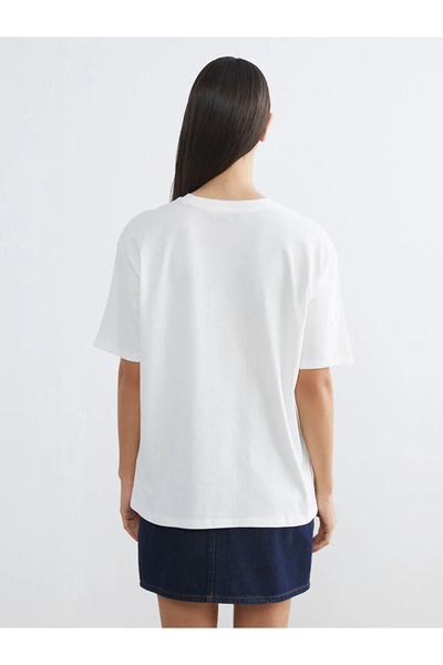 LC Waikiki Ecru Crew Neck Printed Oversize Women's T-Shirt