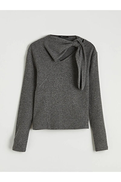 LC Waikiki Anthracite tie collar women's knit sweater