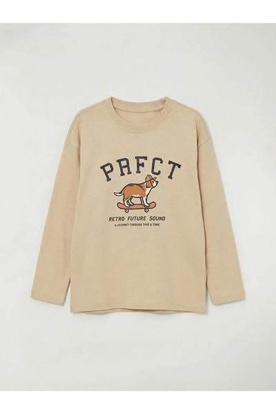 LC Waikiki Μπεζ μακρυμάνικο μπλουζάκι για αγόρια με στάμπα, σετ 2 τεμαχίων