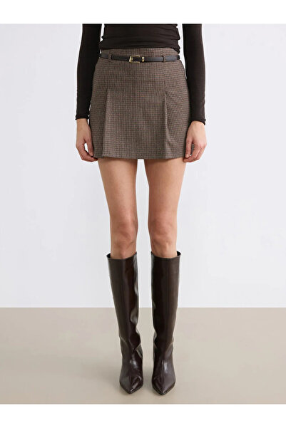 LC Waikiki Brown Plaid Shorts Skirt with Belt