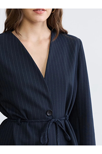 LC Waikiki Navy Blue Striped Belted Women's Blazer Jacket