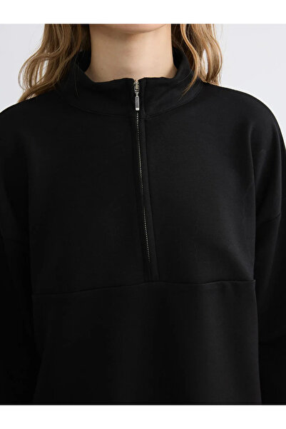 LC Waikiki Μαύρο γυναικείο φούτερ με ψηλό γιακά, απαλής υφής, oversized