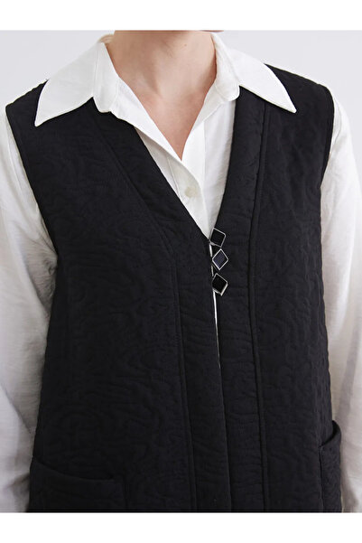 LC Waikiki Black V-Neck Self-Patterned Women's Vest