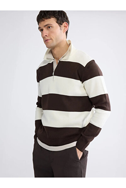 LC Waikiki Brown Zippered Polo Collar Striped Men's Knit Sweater