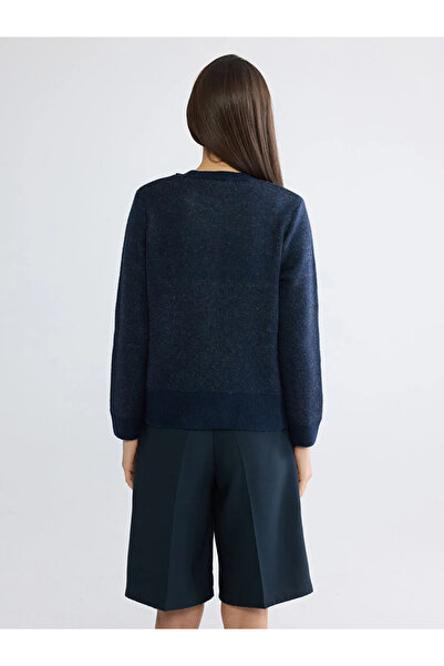 LC Waikiki Navy Blue Crew Neck Diamond Patterned Women's Knitwear Cardigan