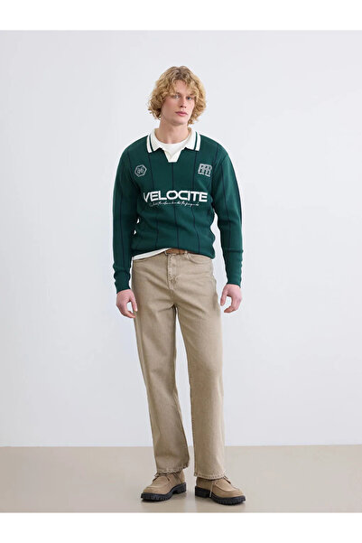 LC Waikiki Green Polo Collar Striped Embroidered Men's Knit Sweater