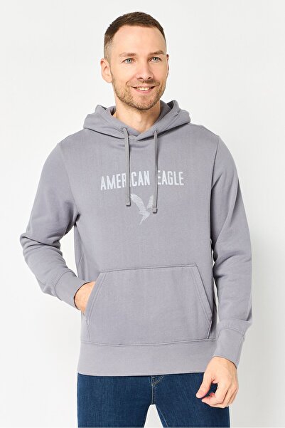AMERICAN EAGLE Men Graphic Print Long Sleeve Hoodie, Grey