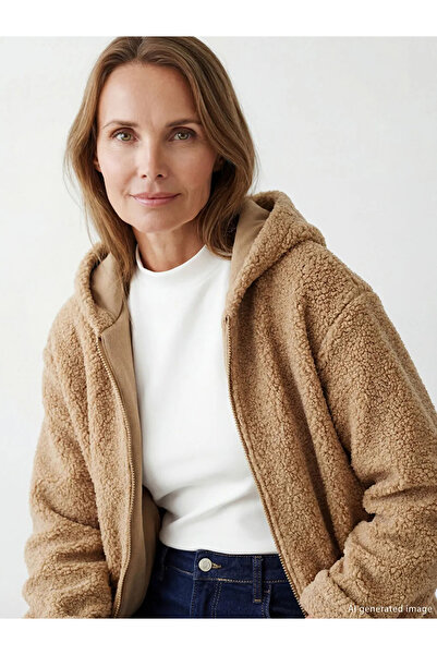 LC Waikiki Beige Hooded Women's Plush Cardigan