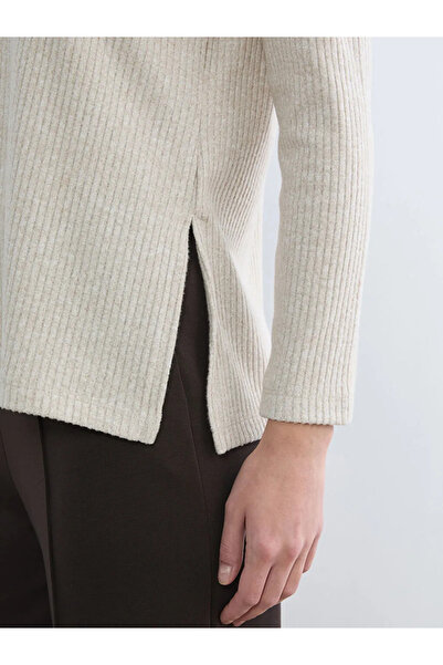 LC Waikiki Μπεζ γυναικείο φούτερ με γιακά πόλο και ριμπ ύφανση