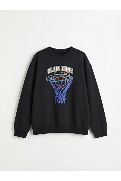 LC Waikiki Μαύρο φούτερ με λαιμόκοψη με τύπωμα για αγόρια