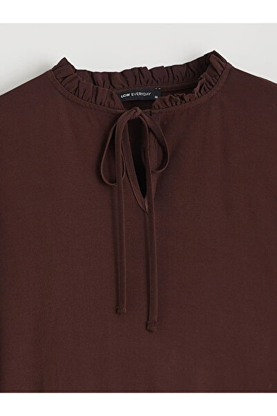 LC Waikiki Brown Tie Neck Oversized Ruffle Blouse