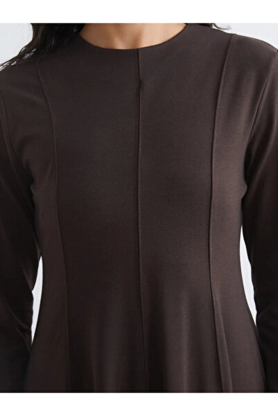 LC Waikiki Brown Crew Neck Flared Dress