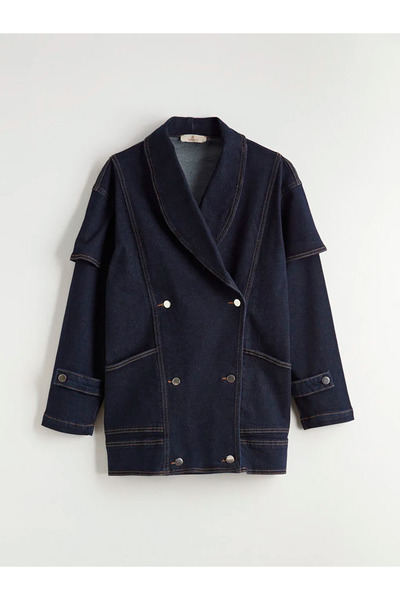 LC Waikiki Navy blue Double-Breasted collar women's jean jacket