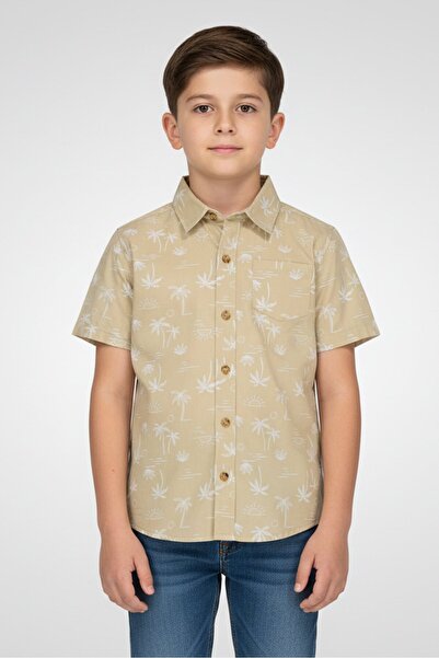 Bearpaw Kids Boy Short Sleeve Allover Print Casual Shirt, Khaki