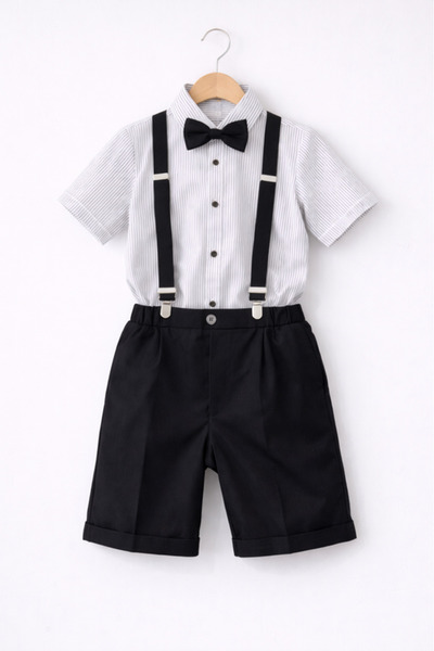 Victor and Jane Boys 4 Pc Set Formal Shirt, Shorts, Suspenders & Bow Tie Set