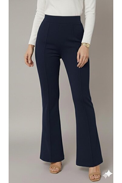 ECEYLÜL MODA Women's Black High-Waisted Flared Trousers - Stretchy Fabric