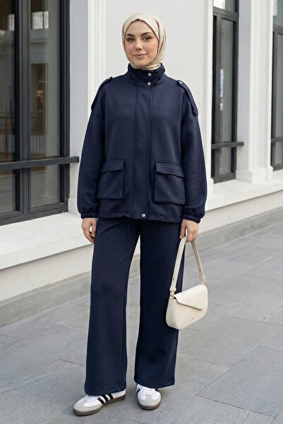 InStyle Hakim Collar Pocketed Navy Blue Suit