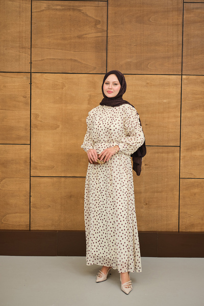 LOCCO Women's Polka Dot Dress with Gathered Sleeves and Tie Waist, Cream