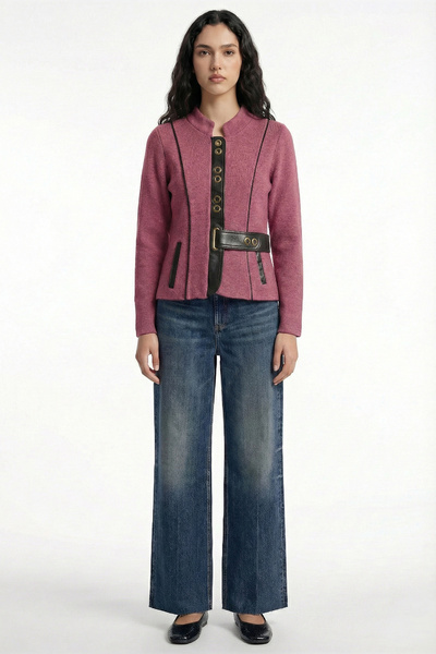 Sementa سترة نسائية من الصوف بتفاصيل من الجلد الصناعي - وردي - أسود