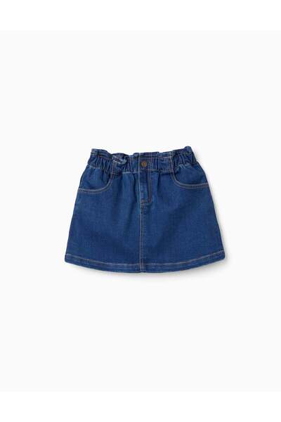 Ziddy Denim Skirt With Paperbag Waist And Pockets For Girls, Blue