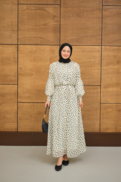 LOCCO Women's Polka Dot Dress with Gathered Sleeves and Tie Waist in White