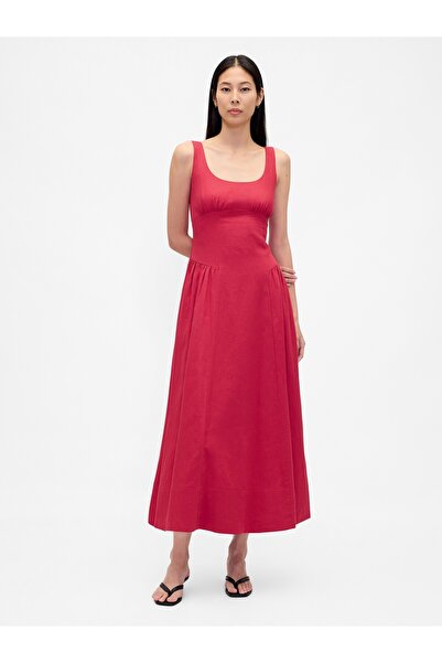 GAP Kadın Kırmızı Keten Karışımı Shirred Maxi Elbise