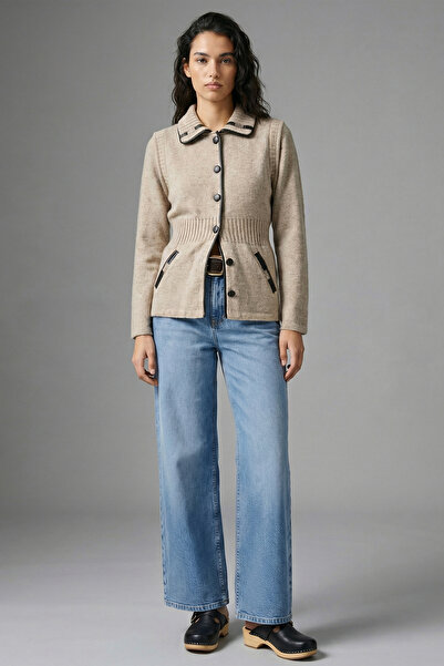 Sementa Polo Yaka Düğmeli Yün Triko Ceket - Vizon - Kahverengi