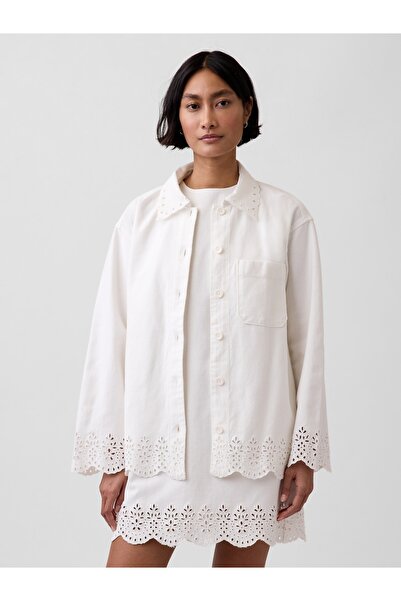 GAP Kadın Beyaz Eyelet Hem Relaxed Gömlek Ceket