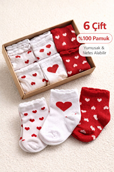 moukou Baby Girl Socks Set of 6 with Hearts, 100% Cotton, Boxed, Soft Daily B...