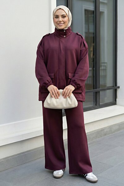 InStyle Hakim Collar Pocketed Burgundy Suit