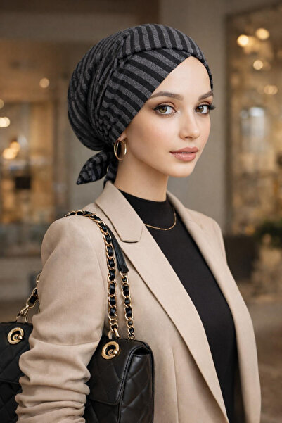 Aişe tesettür Black Anthracite Striped Cross-Strapped Cap