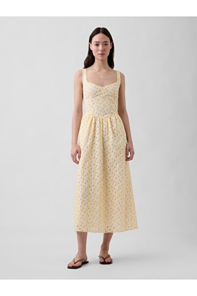 GAP Kadın Sarı Eyelet Seamed Drop-Waist Maxi Elbise