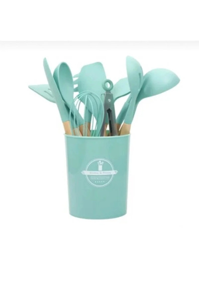 AMRIS Set 12 Ustensile de Bucătărie din Silicon cu Mânere din Lemn, TURCOAZ