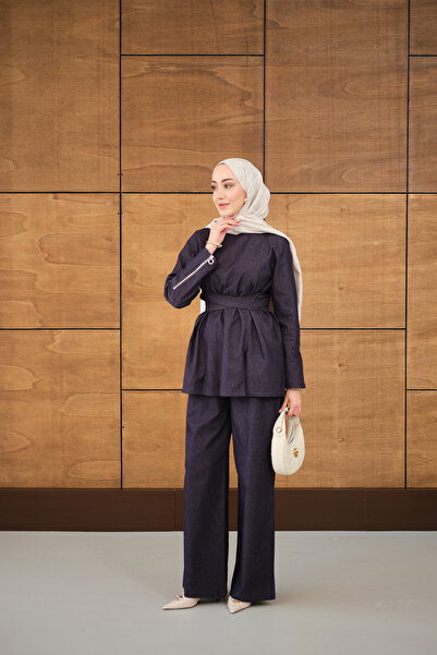 LOCCO Women's Ankle Zipper Front Slit Waist Tie Set Purple