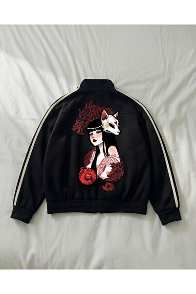 Touz Moda Çift Çizgili Baskılı Oversize China Unisex Ceket