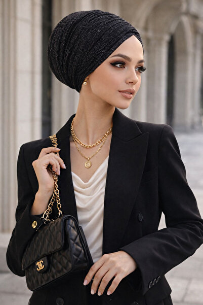 Aişe tesettür Black Silver Pleated Gathered Casual Bonnet