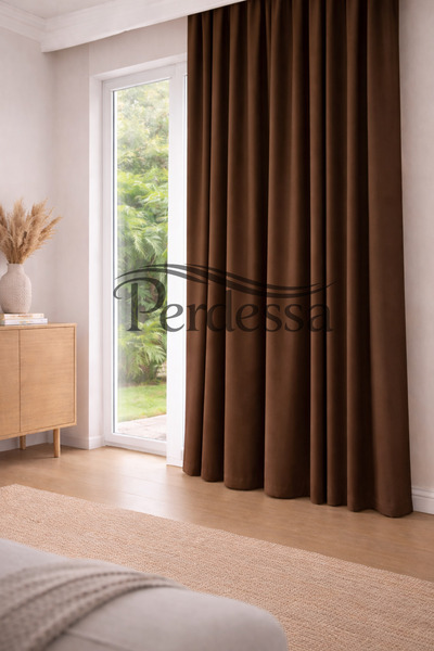 Perdessa Lüx Kahverengi Blackout Saten Karartma Perde Pilesiz Kornişli Kullan...