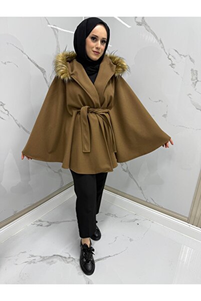 MODARTE Kadın Kürklü Panço Standart Beden Kahverengi – Kışlık Şık