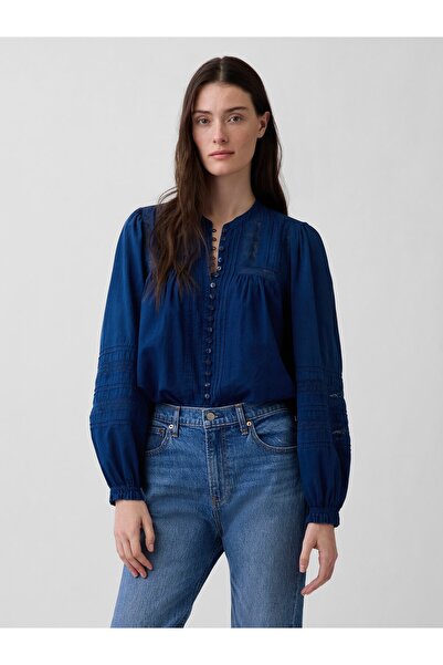 GAP Kadın Koyu Mavi Dantel Kenar İşlemeli Bluz
