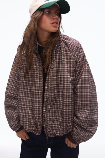 Bershka Kareli fermuarlı oversize ceket