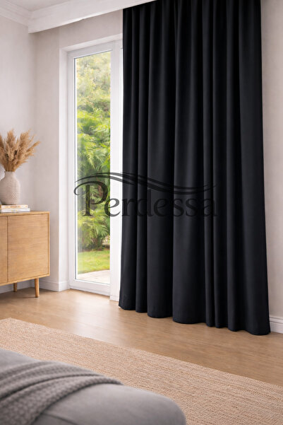 Perdessa Lüx Siyah Blackout Saten Karartma Perde Pilesiz Kornişli Kullanıma H...