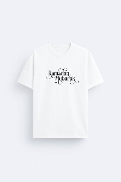 AYDESİGN تي شيرت أبيض برقبة دائرية مطبوع عليه عبارة "رمضان مبارك" من يارلي را...